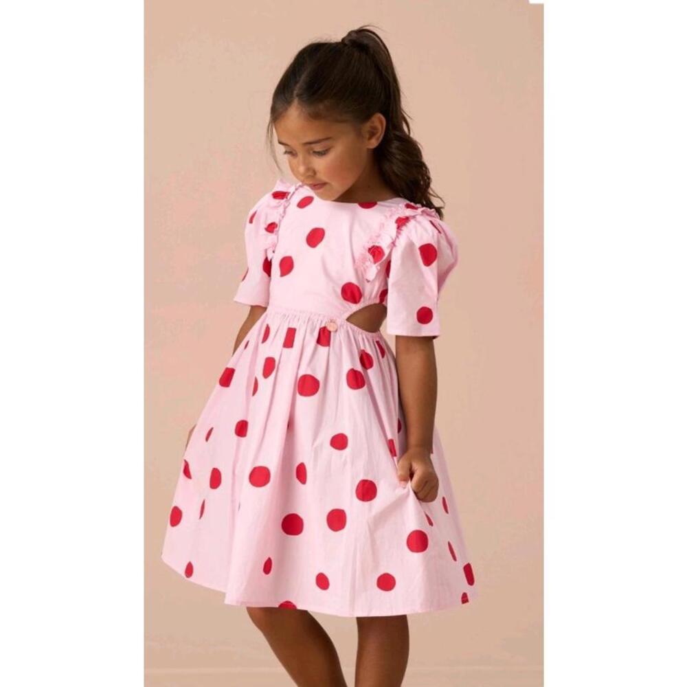 Amara Pink Spot Puff Sleeve Dress by Angel & Rocket Size 13y Polka Dot Cut Outs